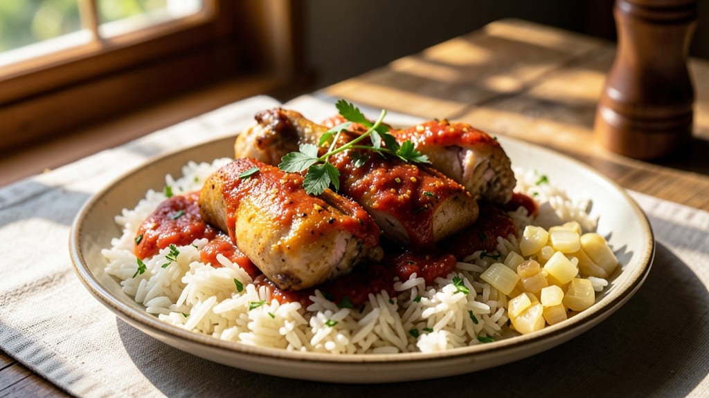 Albanian Chicken And Rice Recipe: Savory Yogurt-Tomato Stew With Herbed Rice