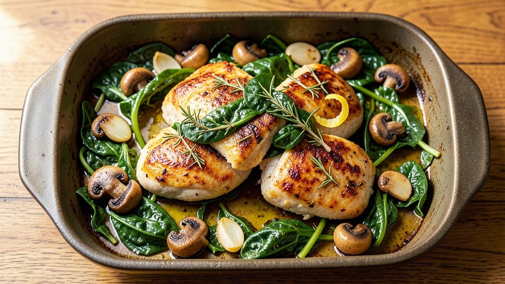 Baked Chicken With Spinach and Mushrooms Recipe: Savory Herb-Crusted One-Pan Masterpiece