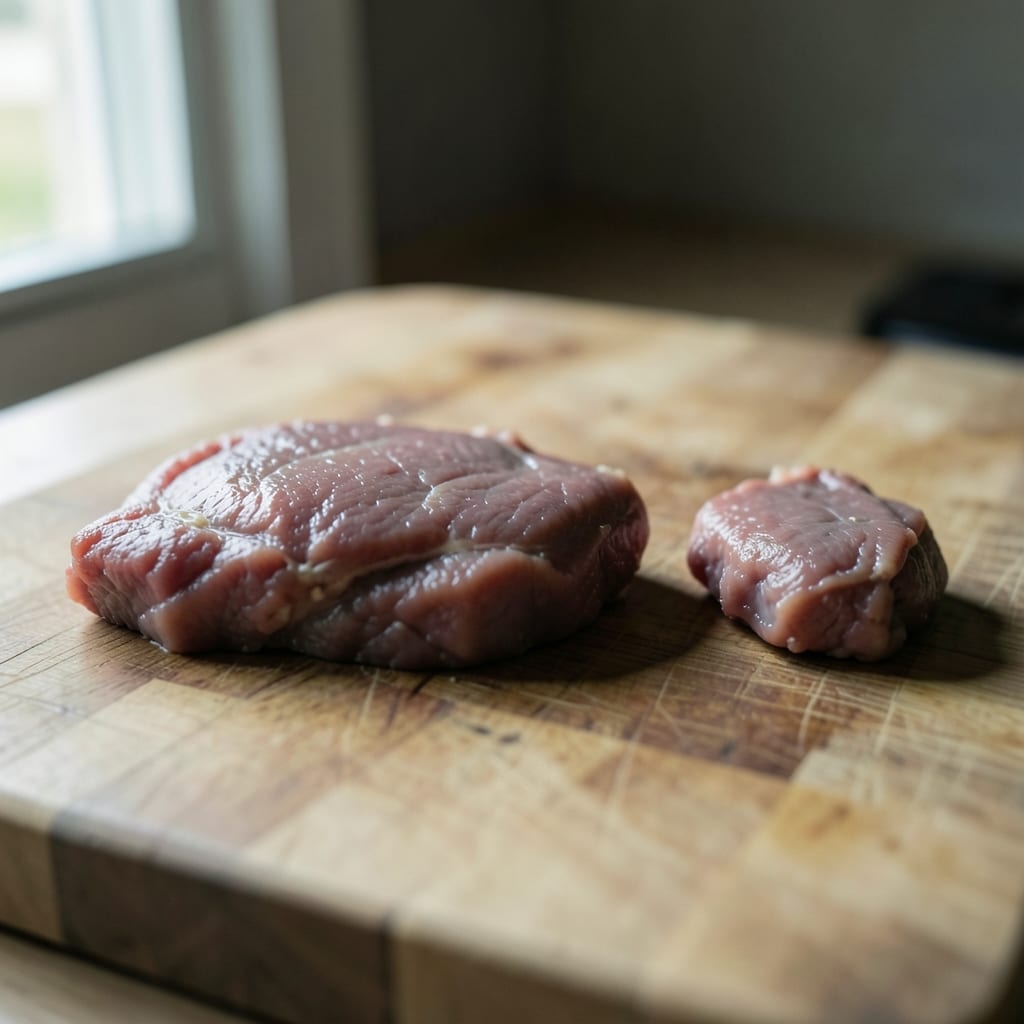 Three chops of different thickness, ready to be tested