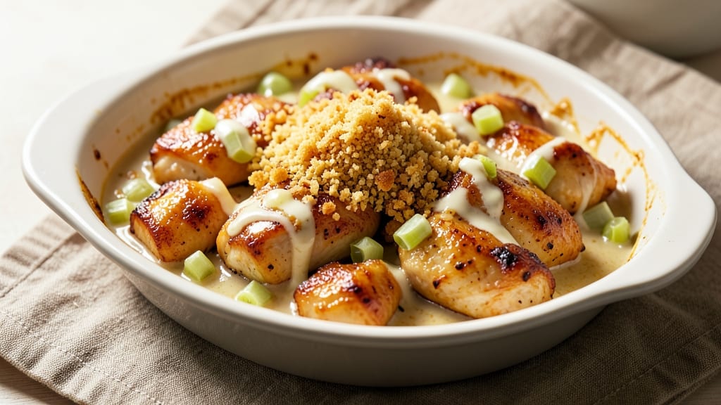 Campbell's Cream of Chicken Baked Chicken Recipe: Celery-Vinegar Crisp With Melty Cheese Top